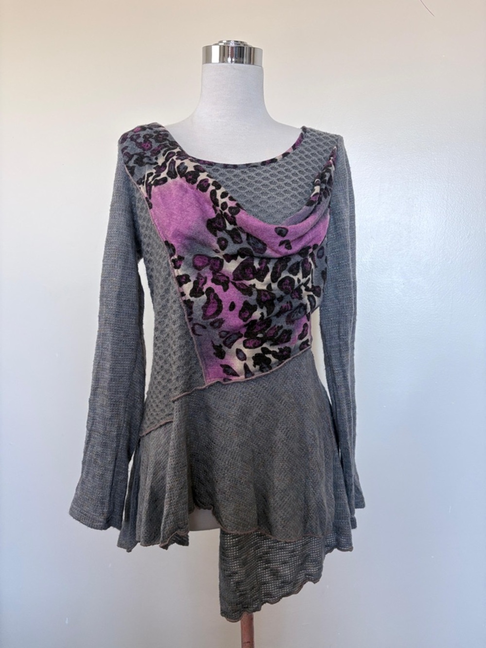 Grey Asymmetrical Cowl Sweater with Pink Leopard Accent